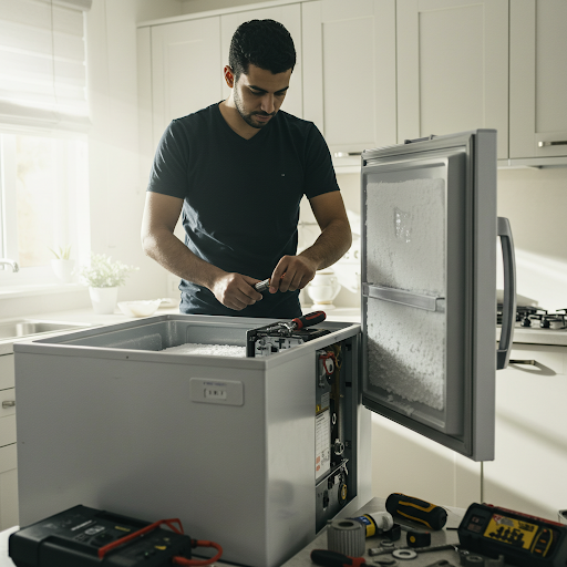 فني صيانة ديب فريزر وايت ويل المُعتمد يُجري إصلاحًا باستخدام قطع غيار أصلية وأدوات متخصصة، مع ظهور رقم الخط الساخن وايت ويل 19224 لطلب خدمة صيانة فورية في جميع أنحاء مصر.