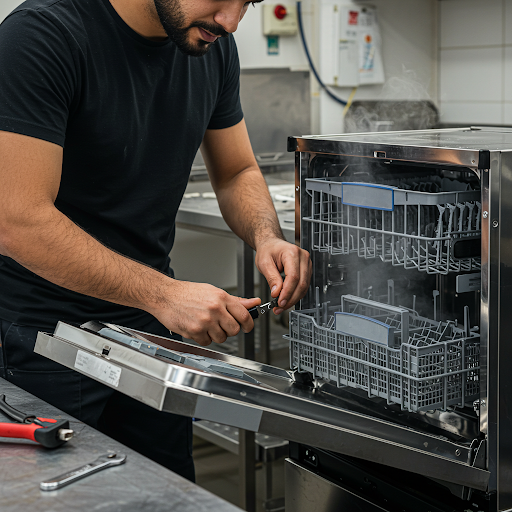 فني صيانة غسالات وايت ويل المُعتمد يُجري إصلاحًا دقيقًا باستخدام قطع غيار أصلية، مع ظهور رقم الخط الساخن وايت ويل 19224 لطلب خدمة سريعة في مصر.