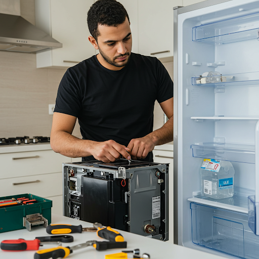 فني صيانة ثلاجات وايت ويل المُعتمد يُجري إصلاحًا لثلاجة باستخدام قطع غيار أصلية وأدوات احترافية، مع ظهور رقم الخط الساخن وايت ويل 19224 لطلب خدمة صيانة سريعة وآمنة في جميع أنحاء مصر.