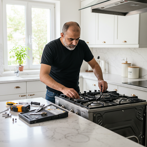 فني صيانة بوتاجازات وايت ويل المُعتمد يُصلح عطلًا باستخدام قطع غيار أصلية، مع ظهور رقم الخط الساخن وايت ويل 19224 لطلب خدمة صيانة سريعة وآمنة في مصر.