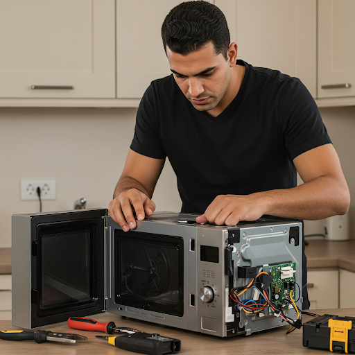 فني صيانة ميكروويف وايت ويل المُعتمد يُجري إصلاحًا دقيقًا باستخدام قطع غيار أصلية وأدوات احترافية، مع ظهور رقم الخط الساخن وايت ويل 19224 لطلب خدمة صيانة سريعة وآمنة في جميع أنحاء مصر.