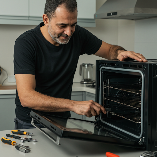 فني صيانة افران وايت ويل المُعتمد يُجري إصلاحًا لفرن مطبخي باستخدام قطع غيار أصلية، مع ظهور رقم الخط الساخن وايت ويل 19224 لطلب خدمة صيانة فورية في جميع أنحاء مصر.