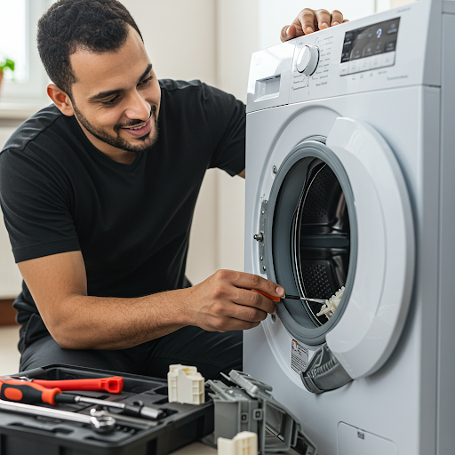 فني صيانة غسالات وايت ويل المُعتمد يُجري إصلاحًا دقيقًا باستخدام قطع غيار أصلية، مع ظهور رقم الخط الساخن وايت ويل 19224 لطلب خدمة سريعة في مصر.